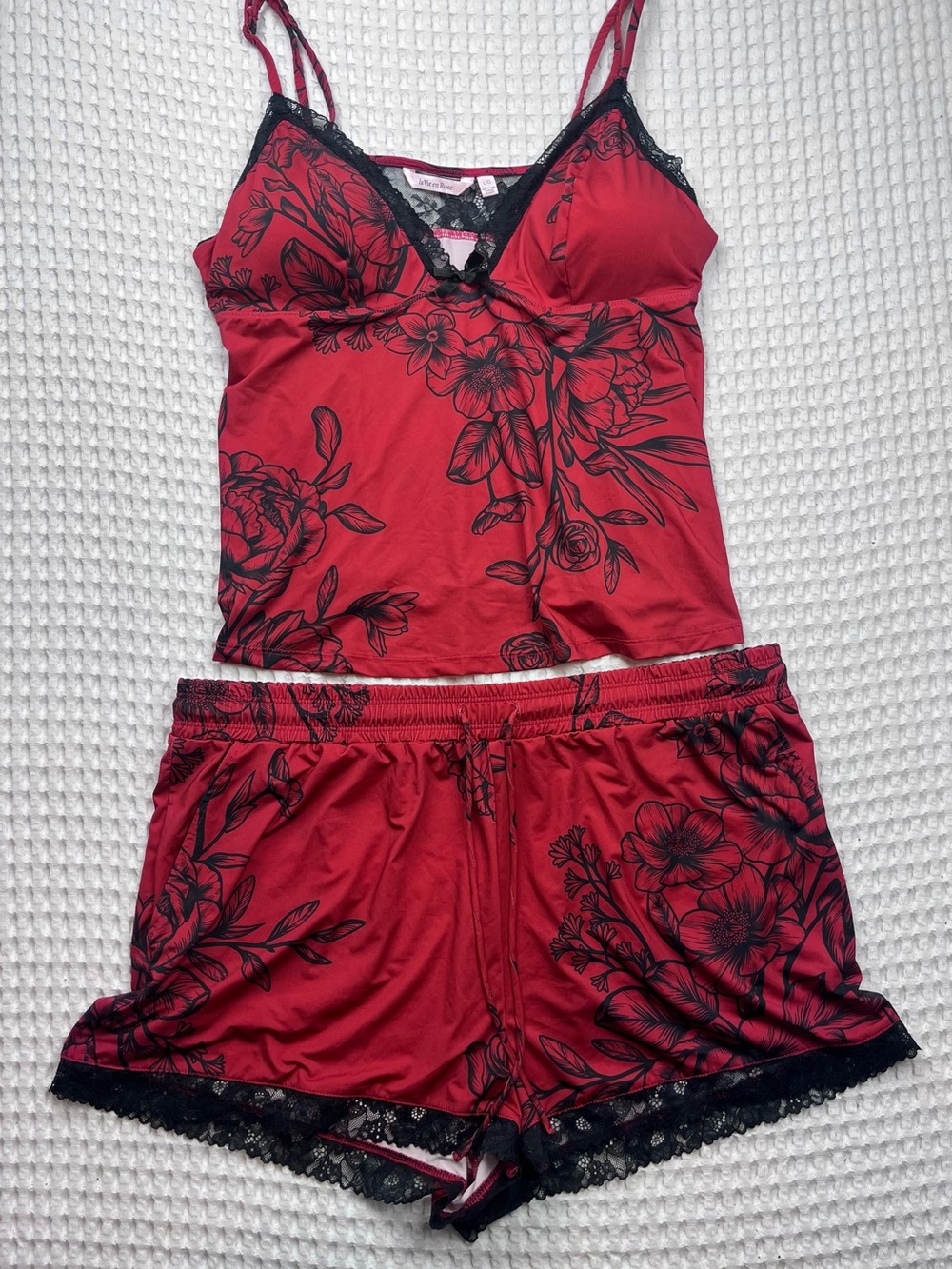la Vie en Rose Red Floral Lace Trim 2-Piece Pajama Set L/G